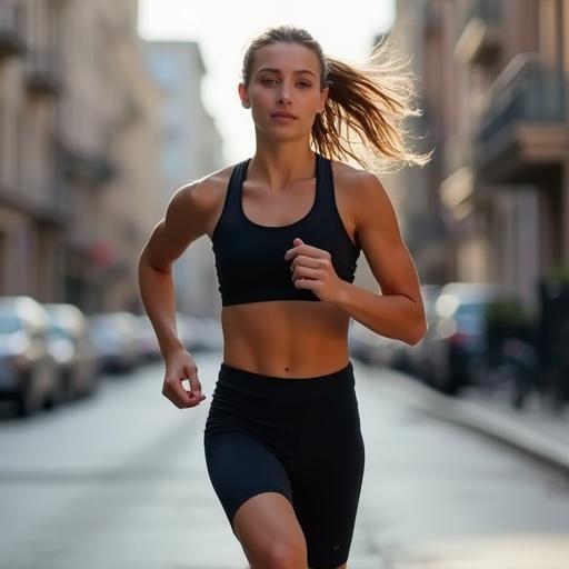 A young female athlete running in a city setting. She's wearing a sports bra and compression shorts. The focus is on her motion and athleticism. Natural daylight highlights her determined expression.