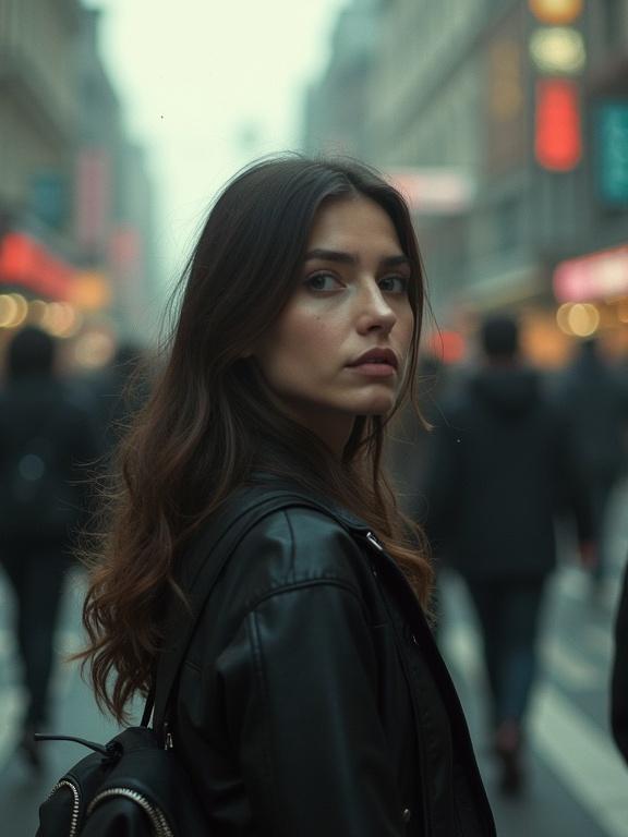 Woman on a street with a bustling crowd. Motion blurred background. Focus on her sharp face. Aesthetics of damaged film with grain and dust. High contrast and moody cinematic feel.