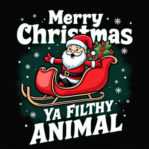 A festive Christmas t-shirt design featuring a cartoon Santa Claus riding a sleigh colored in red white and green. Text reads 'Merry Christmas Ya Filthy Animal' in bold white serif font. Design centered on transparent background with snowflake accents. Playful high-contrast style. Vector art optimized for black unisex t-shirt printing.