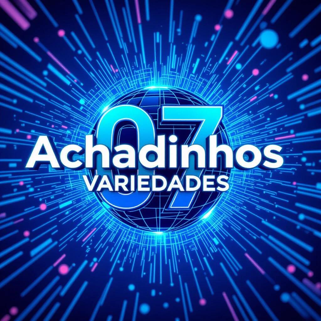 Create a futuristic logo featuring the name Achadinhos Variedades 07. Design should feel modern and imaginative as if envisioned ten years into the future. Include engaging and humorous elements in the logo.