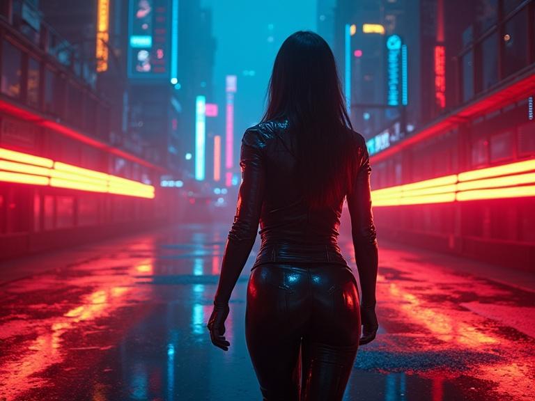 Cyberpunk scene. Woman with long hair stands with back to camera. Dark urban environment with neon lights. Vibrant blue red and yellow colors glow. Reflection on wet pavement. Atmosphere is moody and futuristic.