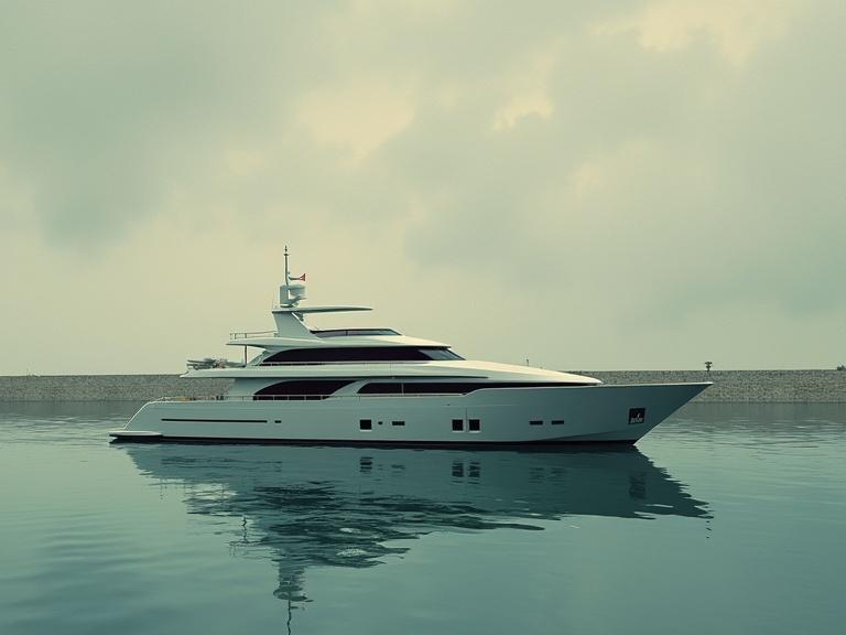 Surreal side view of a modern yacht on calm water. Background includes a low stone wall and a cloudy sky. Emphasizes the yacht, muted colors, sharp outlines, soft lighting, mysterious atmosphere.