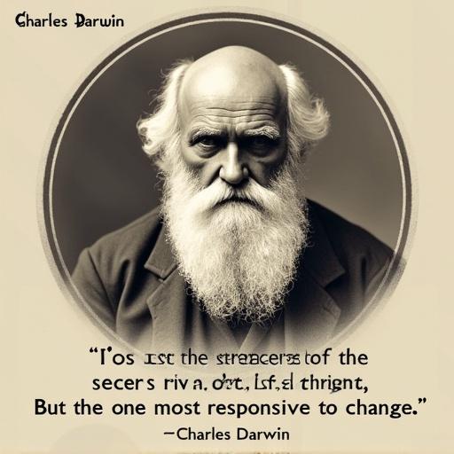 Portrait of Charles Darwin with iconic beard. Thoughtful expression. Elegant font for name at the top. Quote at the bottom about species survival and change.
