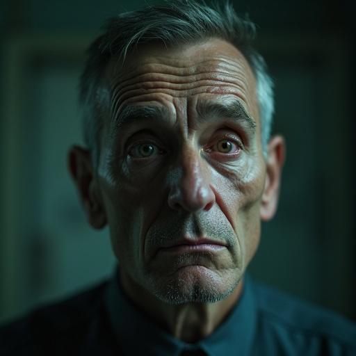 Realistic photograph showing a very pale man with confused expression. Red, bloodshot eyes. Sweating under harsh camera flash lighting. Dark eyes give a horror aesthetic.