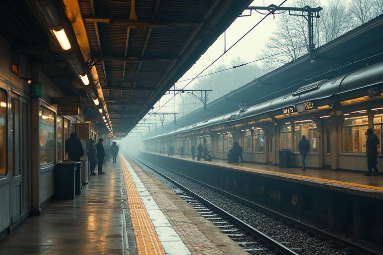 A foggy train station during the morning commute. People wait on the platform as the train approaches. The atmosphere is misty and urban. The train station has a classic design with metal and wood elements.