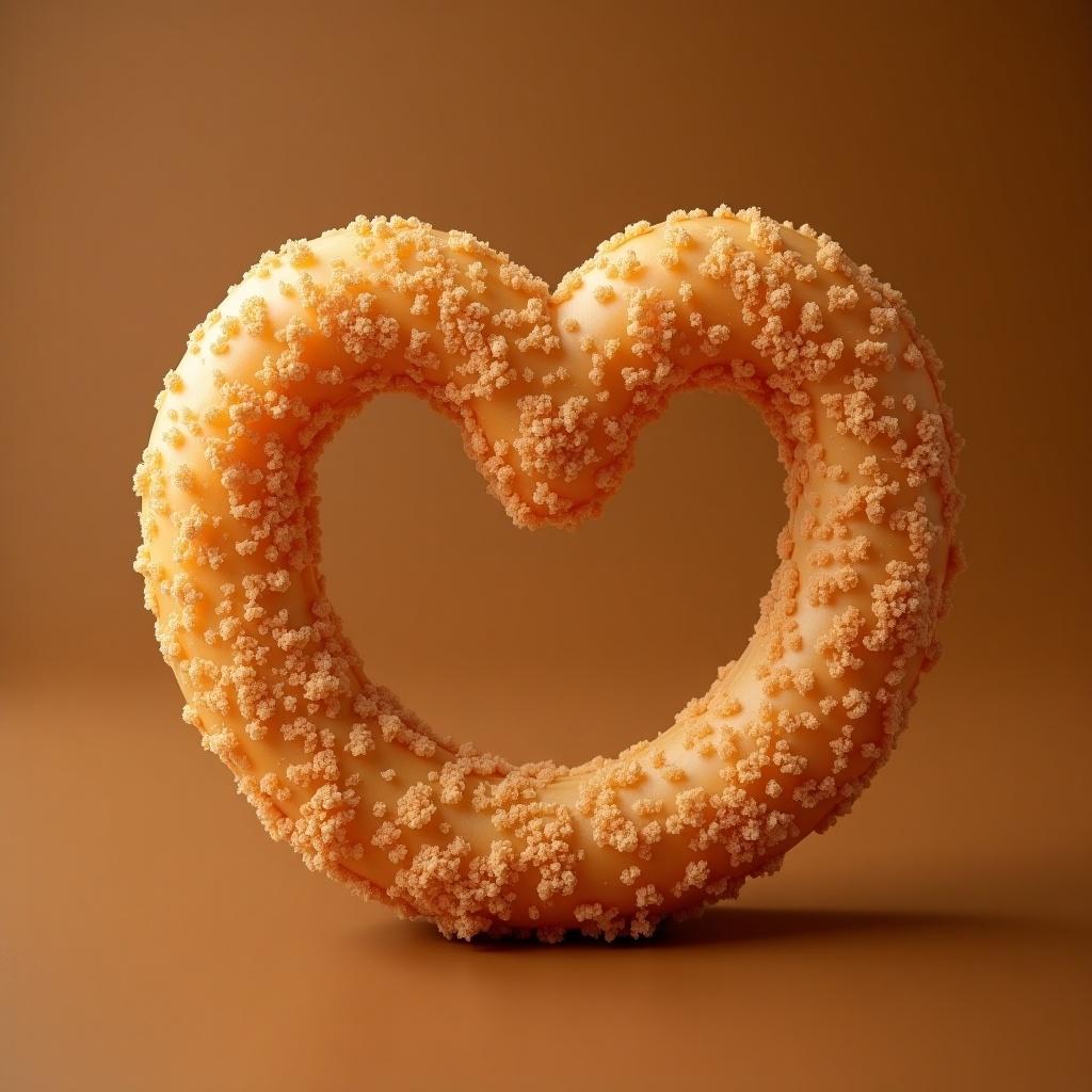 A churro shaped like a heart with a cheerful expression. Texture appears to be sugar-dusted and golden brown. Photography features warm, inviting colors and soft lighting.