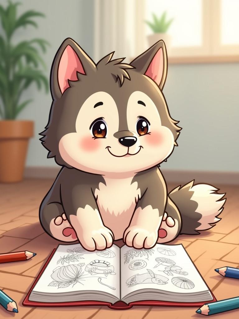 Cartoon baby malamute dog is about 18 months old. The puppy plays with a coloring book on the floor. The dog has a cute expression. The setting is warm and inviting.