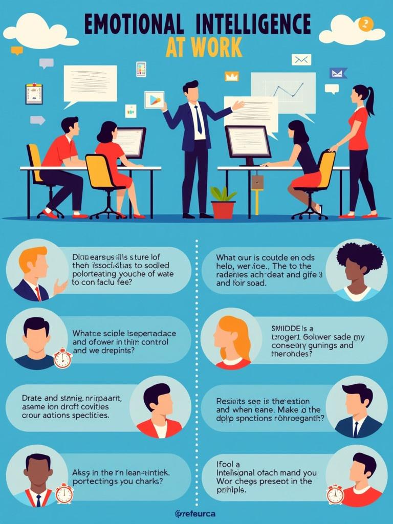 Infographic highlights emotional intelligence at work. Designed with modern vibrant theme. Illustrates experts engaging and discussing concepts. Visual representation of information and ideas related to emotional intelligence.