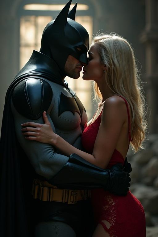 Blonde woman kidnapped by Batman in a passionate embrace. Set in Bat Cave. Batman kisses her neck. Romantic moment unfolding in a dramatic environment.