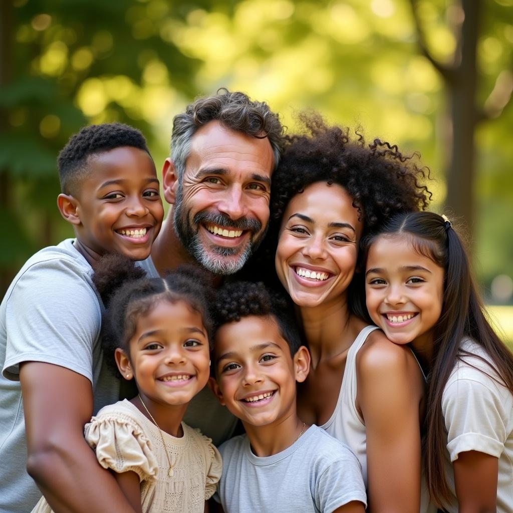 Joyful family portrait taken outdoors featuring six individuals. A father, mother, and three young children stand closely together. Everyone is smiling warmly at the camera. Background has lush green trees giving a serene ambiance. Warm sunlight adds a golden hue enhancing happy emotions. Individuals display genuine happiness and connection, representing love and family.