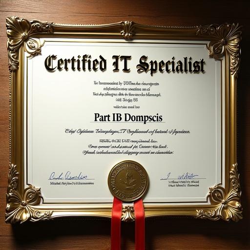 An elaborate and ornate diploma addressed to 'Part IB Dompscis' for being a 'Certified IT Specialist'. Highly decorative with a golden frame and red ribbon.