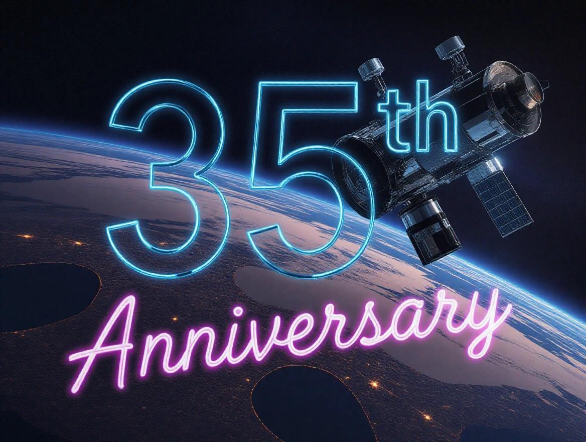 Image features Hubble Space Telescope in space with glow effects. Text reads 35th Anniversary in neon purple font. Background shows Earth with realistic details. Artwork combines realism and futuristic style.