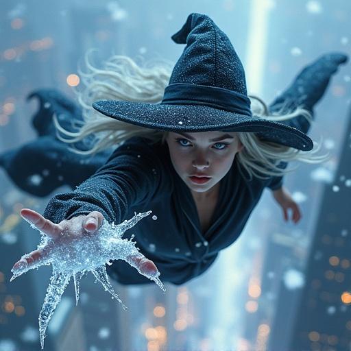 A young witch with long silver hair and piercing blue eyes soars through the air at high speed. She flies directly towards the camera from a low angle. Her wide-brimmed black hat flutters backward. Her dark, flowing robe billows dramatically around her as she ascends. One hand is outstretched unleashing icy magic. Icy magic crystallizes into jagged shards in mid-air. Her other arm trails behind leaving a faint trail of frost. Below her a sprawling cityscape stretches into the distance. The city's warm, glowing lights contrast sharply with the cold, shimmering energy radiating from her fingertips. Snowflakes swirl around her caught in the updraft of her ascent. The composition emphasizes dynamic motion with exaggerated perspective and dramatic lighting enhancing speed.
