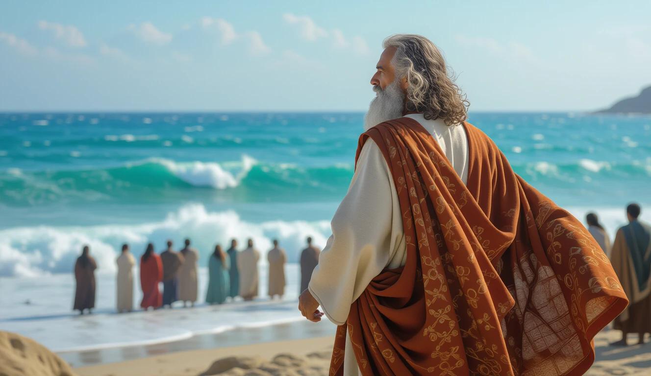 Moses stands on a beach with a powerful expression. He looks at the sea while his robe flutters in the wind. People worship in the background. The composition is centered and vertical, capturing the worship scene with serenity.