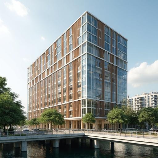 Realistic render of a commercial office building featuring a glass façade and wooden louvers in an Indian urban environment. The structure has 17 floors and includes terrace gardens. Natural daylight creates a bright atmosphere. A metro bridge is visible in front of the building.
