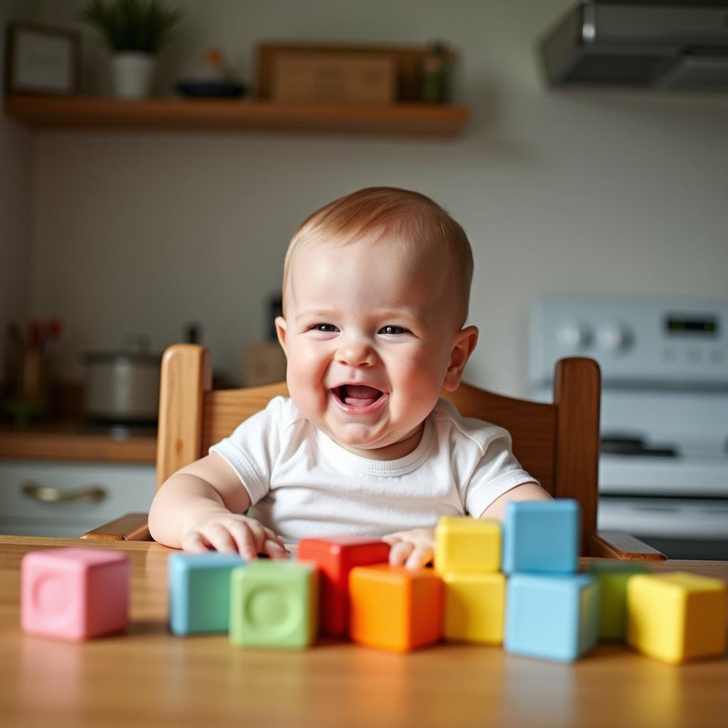 Cheerful baby seated in high chair surrounded by colorful blocks on wooden table. Joyful expression enhances warm homely kitchen setting. Soft lighting highlights features for inviting and lively scene.