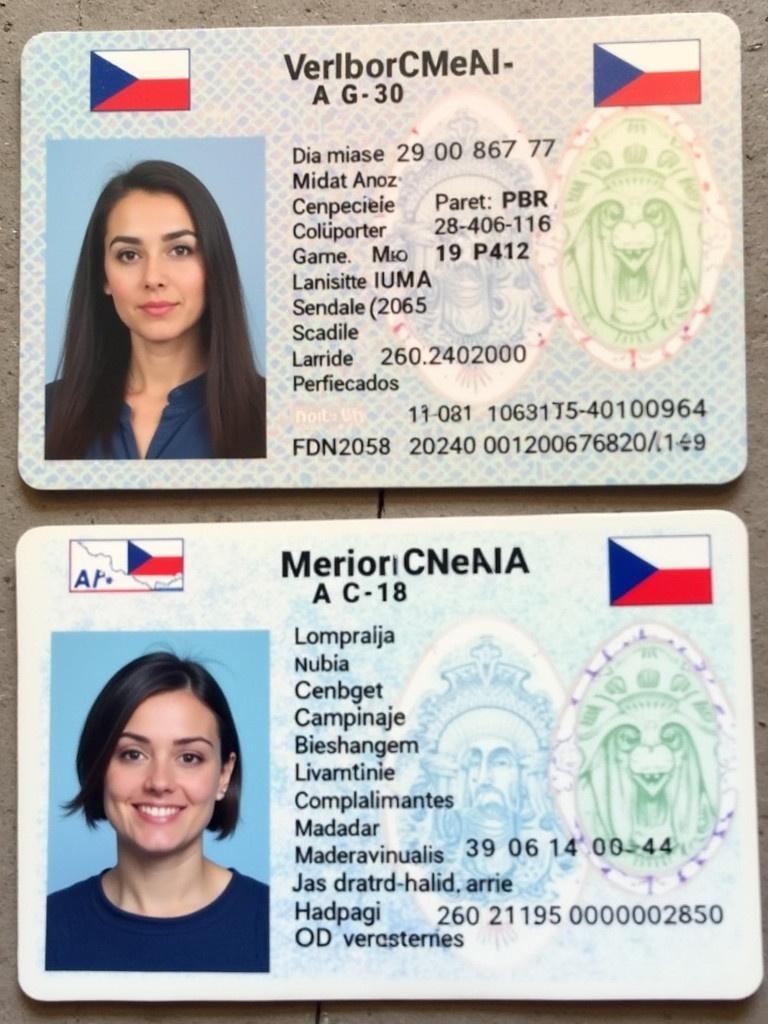 The image shows the front and back side of a Czech ID card. One side showcases personal information such as name and birth date. Age is indicated as 18 years. The design features government elements. The identification photo is central to the card's design.