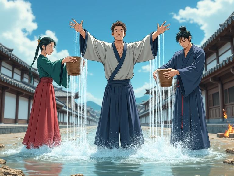Scene with three Asian characters in traditional outfits. Man doused in water raising arms in surprise. Woman with ponytail and red skirt pouring water. Man in dark blue robe behind assisting. Background features traditional buildings under blue sky with clouds. Brightly lit and colorful with flowing water.