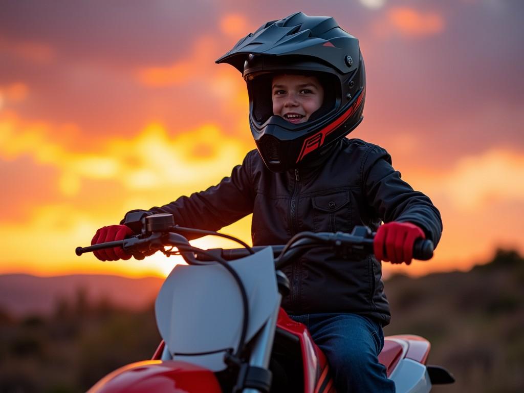 A young boy wearing a helmet rides a dirt bike, with a dramatic sunset in the background. The warm hues of the sky contrast with his black jacket and red gloves, creating a sense of adventure and youthful excitement. The expression on the boy's face suggests joy and thrill as he rides through the evening landscape.