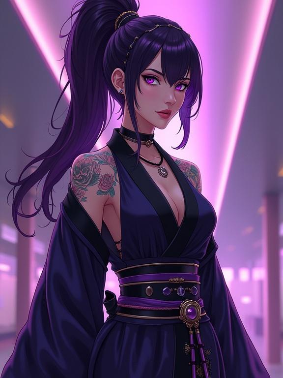 Anime setting with a young woman dressed in a modern and luxurious kimono. Character features elegant tattoos and holds a katana. Located inside a dojo with neon lighting. Strong and serious expression. Background gives a high-tech feel suitable for a futuristic narrative.