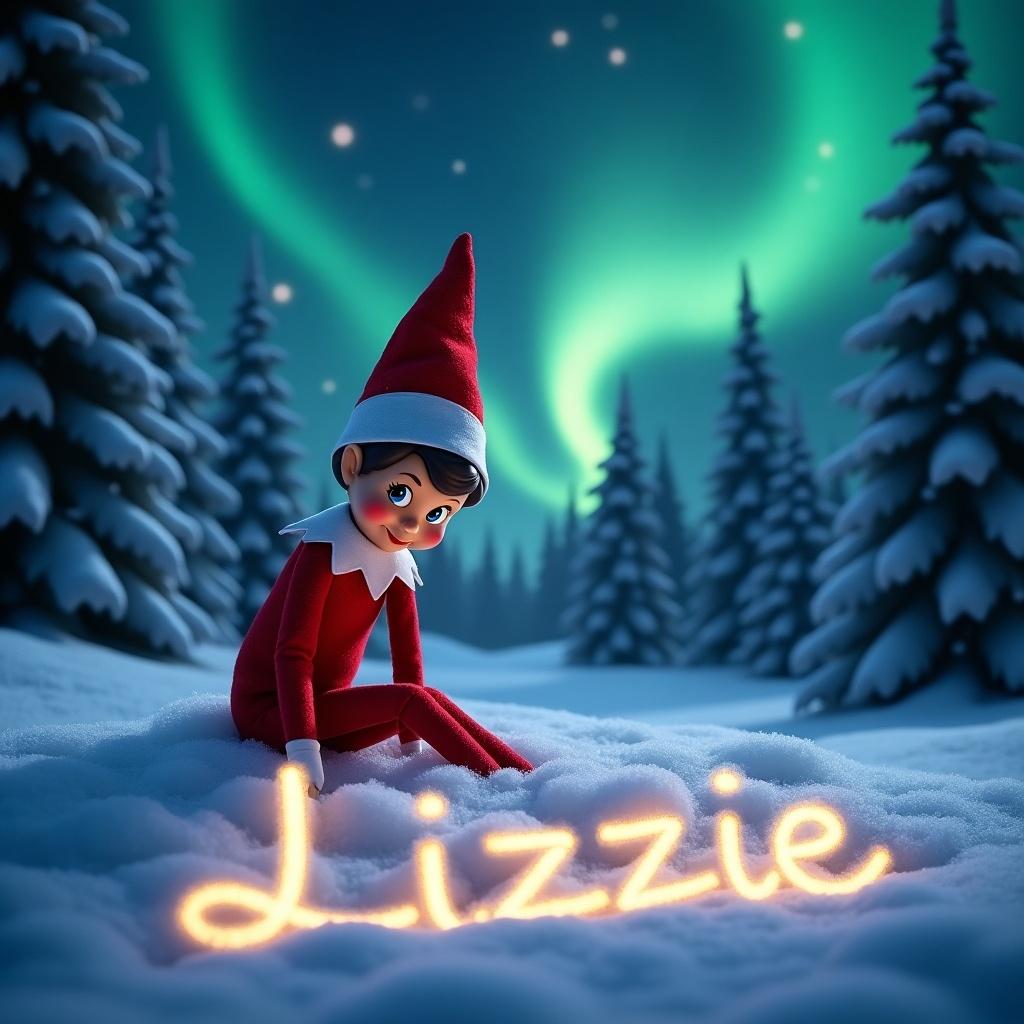 An animated elf is sitting in the snow wearing a red outfit. The elf writes the name 'Lizzie' in the snow. The name is illuminated and looks magical. The background has a night sky with northern lights and snow-covered pine trees.