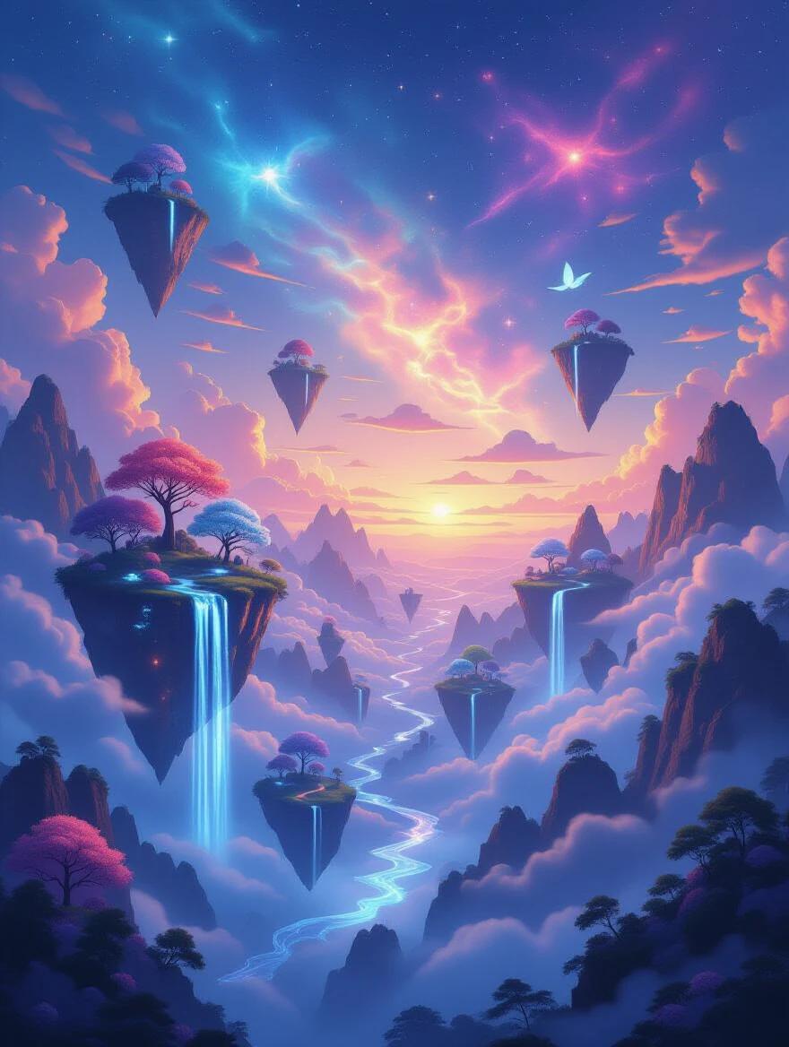 Surreal dreamscape with floating islands glowing trees and rivers of light under a twilight sky filled with colorful nebulae. Ethereal creatures fly in the distance. Landscape blends fantasy reality with soft glowing mists and impossible architecture. Highly detailed cinematic lighting vibrant yet dreamy colors.