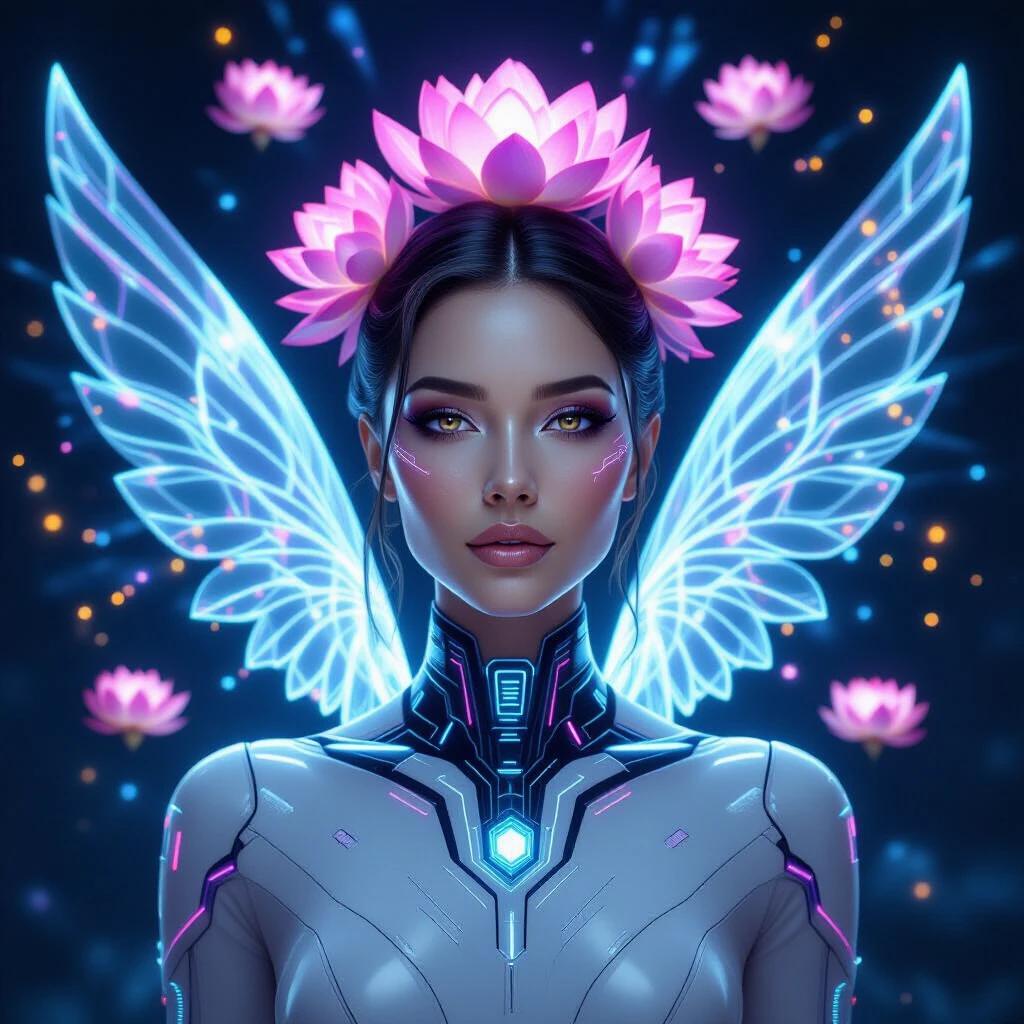 An elegant android woman with holographic wings. Wings made of electric blue and violet energy. Porcelain-white skin with glowing LED circuit traces. Neon pink lotus flowers float around her head. Complex light geometries create mandalas behind her. Brilliant particle effects radiate in cyan magenta and gold. She wears a sleek metallic choker with holographic displays. Dramatic sci-fi atmosphere with cinematic lighting. Digital art style with photorealistic rendering.