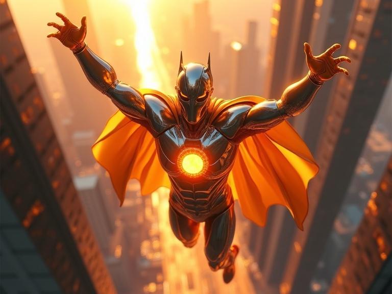 Divine superhero soars above futuristic cityscape. The suit is chrome with solar panels. Energy conduits pulse like sunrays. The cape glows with molten light. Emblem resembles a blazing sun. Reflections of skyscrapers are on the armor. Hero's pose is confident and uplifting.