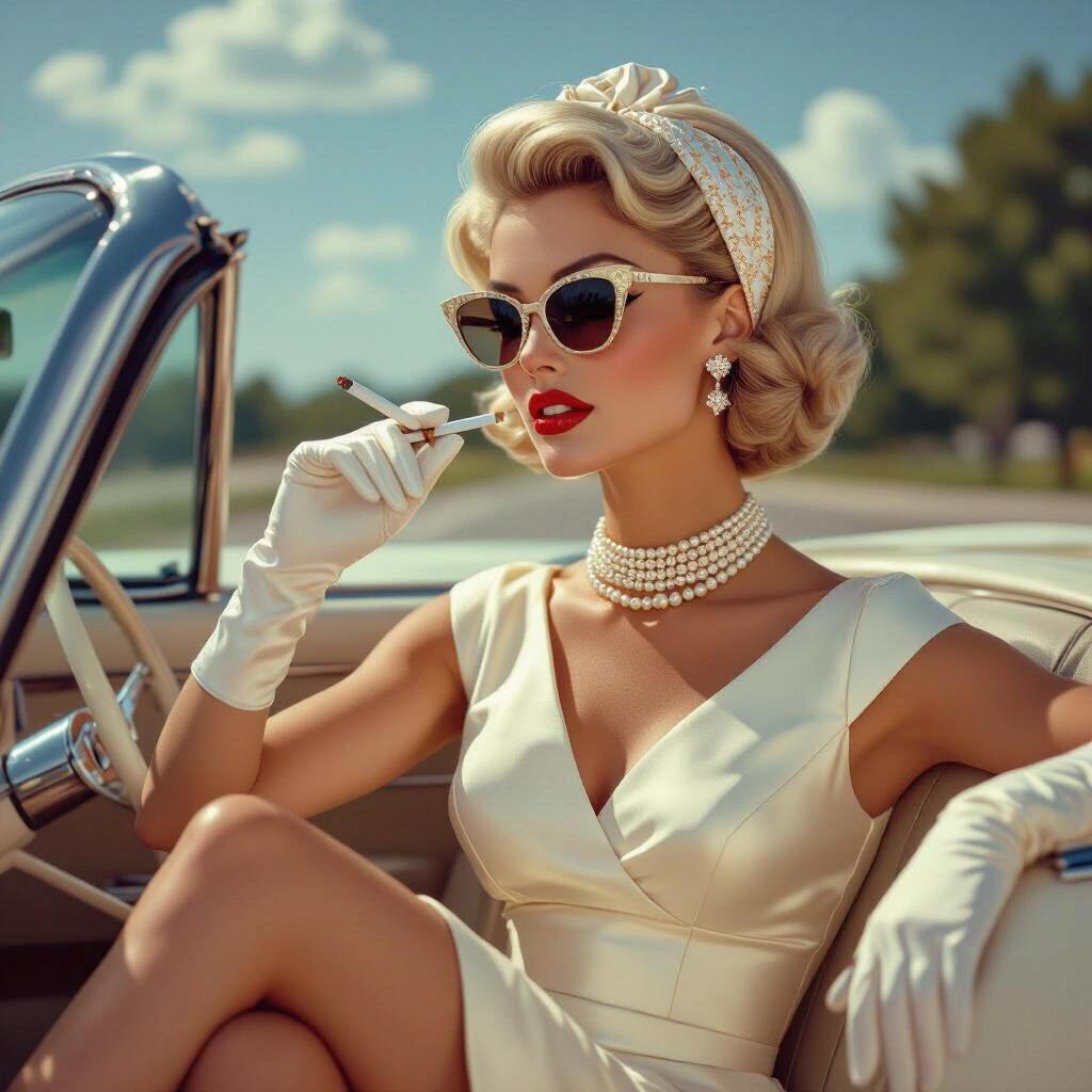 Side view of a woman in 1960s style. Woman sits elegantly in a car. Voluminous platinum blonde short hairstyle with a scarf. Wearing a pearl necklace and diamond earrings. Flawless makeup with winged eyeliner and red lipstick. Ivory sundress styled with white gloves and high heels. Holding a cigarette. Captured in a retro glam style reminiscent of Slim Aarons.