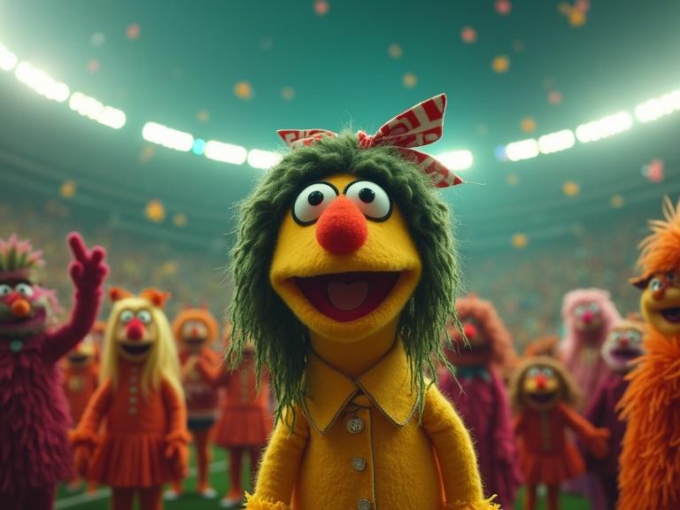 Surreal animated scene in MetLife Stadium filled with Muppet characters. Colorful felt-textured characters express joy. Characters include fans, players, and cheerleaders. Scene features playful lighting and exaggerated stadium elements. Kali Uchis performs a ballad.