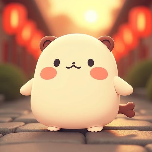 A soft round original character named Uomaru. Cream-colored body with gentle tone. Soft red cheeks. Two small black dots as nose. Simple round black dot eyes. Brown ears and dorsal fin. Large thick round brown tail. Simple round arms and legs. Background features a Japanese stone path with warm sunset lighting and red lanterns. Image conveys soothing and heartwarming feelings.