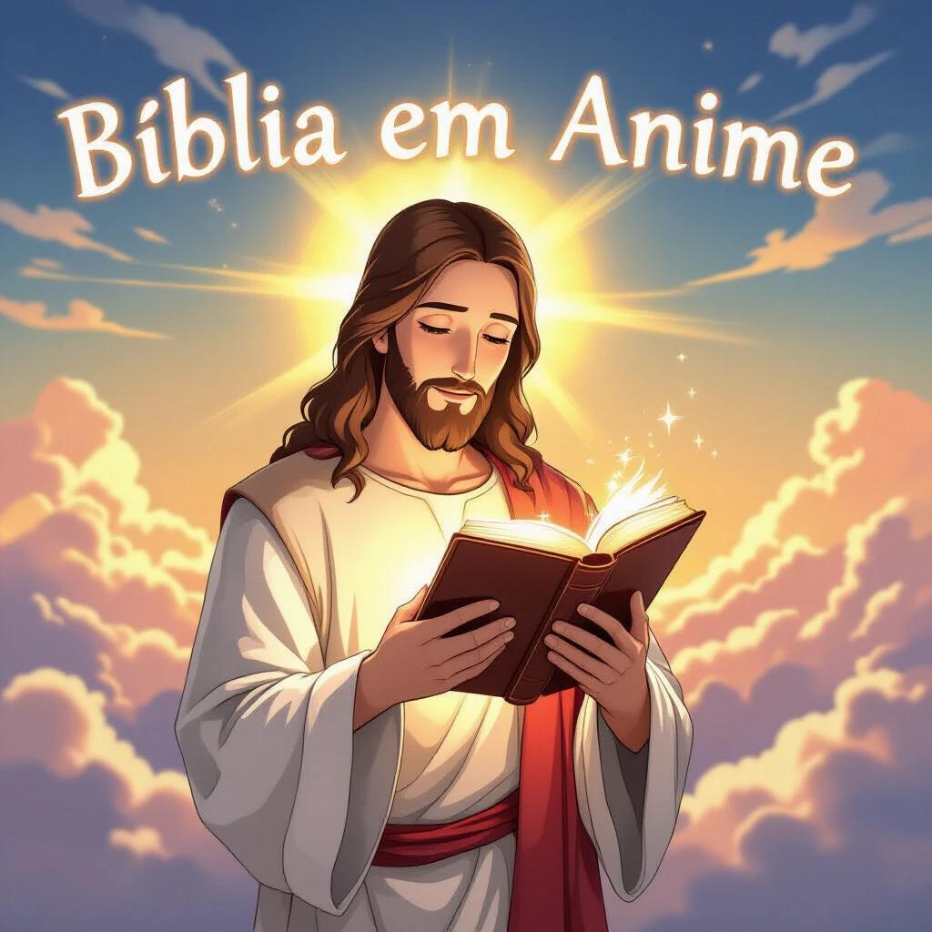 Anime-style logo of Jesus Christ holding an open glowing Bible. Warm light shines from the book. Jesus has long brown hair and gentle eyes. He wears a white robe with a red sash. Background features soft clouds and a golden sunrise. Cinematic and spiritual mood. Floating text 'Bíblia em Anime'. Designed for YouTube logo profile.