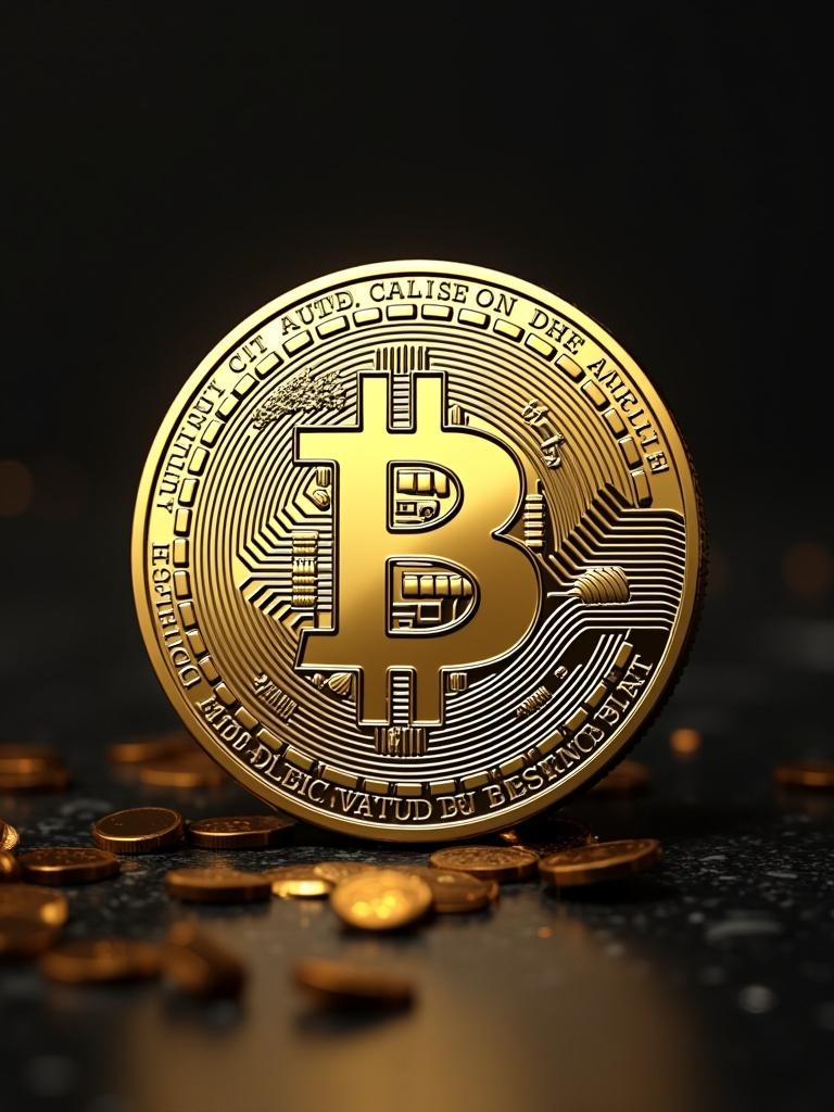 Close-up image of a metallic Bitcoin coin on a dark surface with scattered golden coins. Soft lighting emphasizing the coin's features and details. Perfect for cryptocurrency-related content.