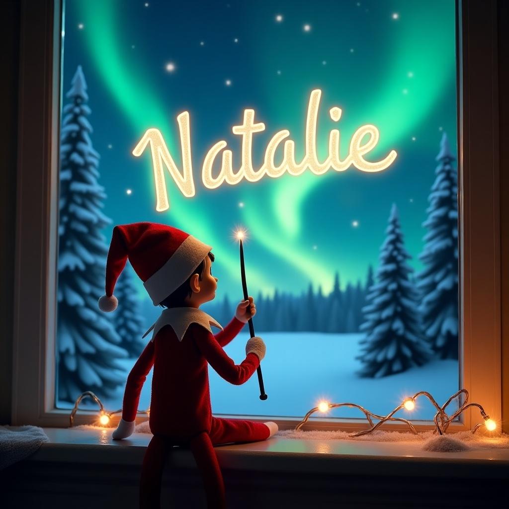 An elf on the shelf sits facing the night sky. The elf uses a wand to write the name 'Natalie' in glowing letters. A magical Christmas landscape with northern lights and snow-covered trees is visible in the background. The scene captures holiday cheer and childhood magic.