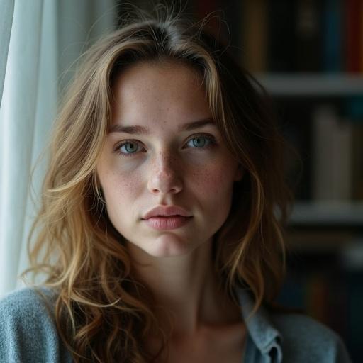 Portrait of a young woman with light brown hair and blue eyes. She has a neutral expression. Natural lighting creates a soft look. Background is blurred with hints of books.