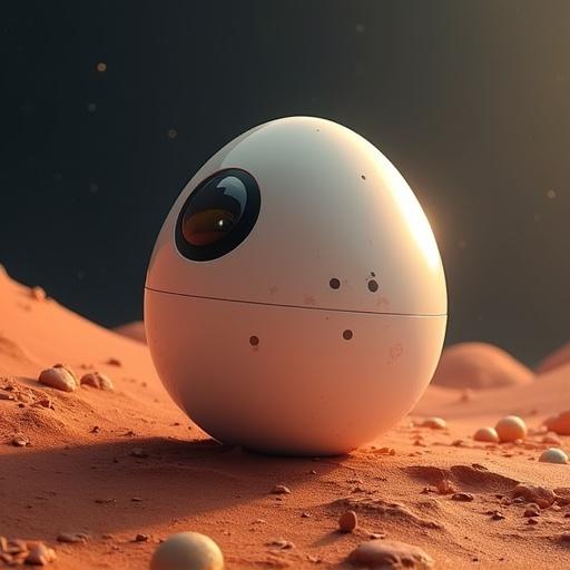 A spacecraft designed for landing on a surface. Simple egg-shaped design against a Martian landscape. Soft ambient lighting highlights the object.