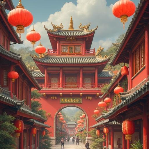 A scenic view of traditional Chinese architecture. A grand archway leads to a pagoda surrounded by red lanterns. The buildings are vibrant and ornate. Soft daylight illuminates the scene. Visitors can be seen enjoying the atmosphere.