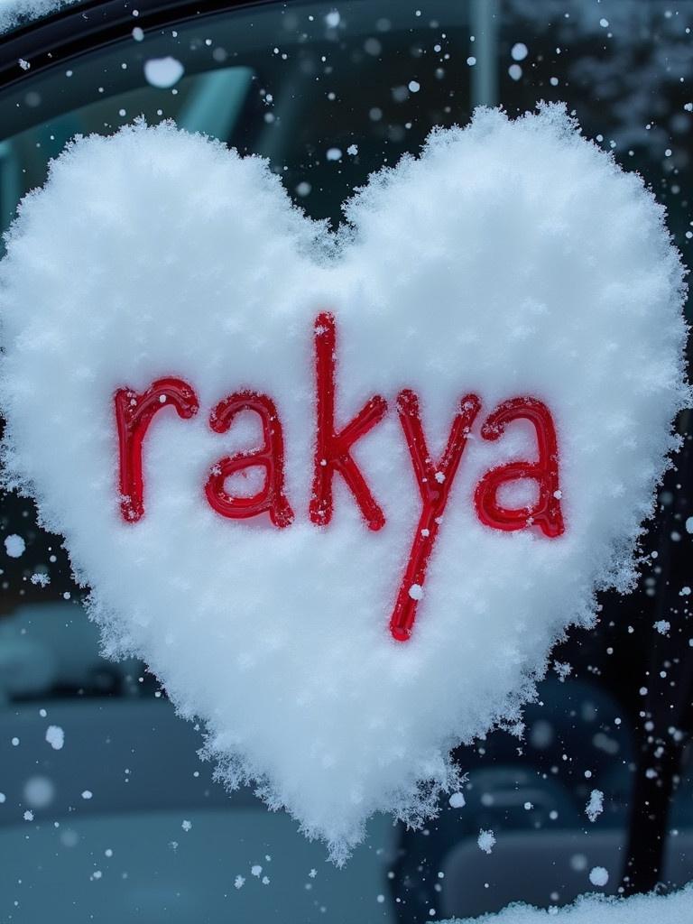 Write rakya inside a heart shaped snow on a car window.