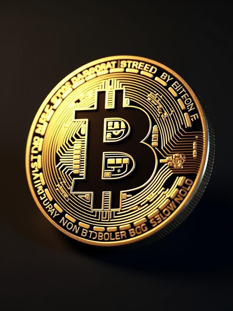 A close-up of a Bitcoin coin with a shiny golden finish. The Bitcoin logo is in the center. The background is dark to enhance the coin's features.