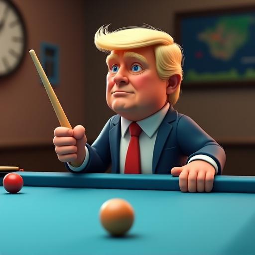 Cartoonish character resembling a political figure at a pool table holding a cue stick with a focused expression in a casual room with a clock and map in the background.