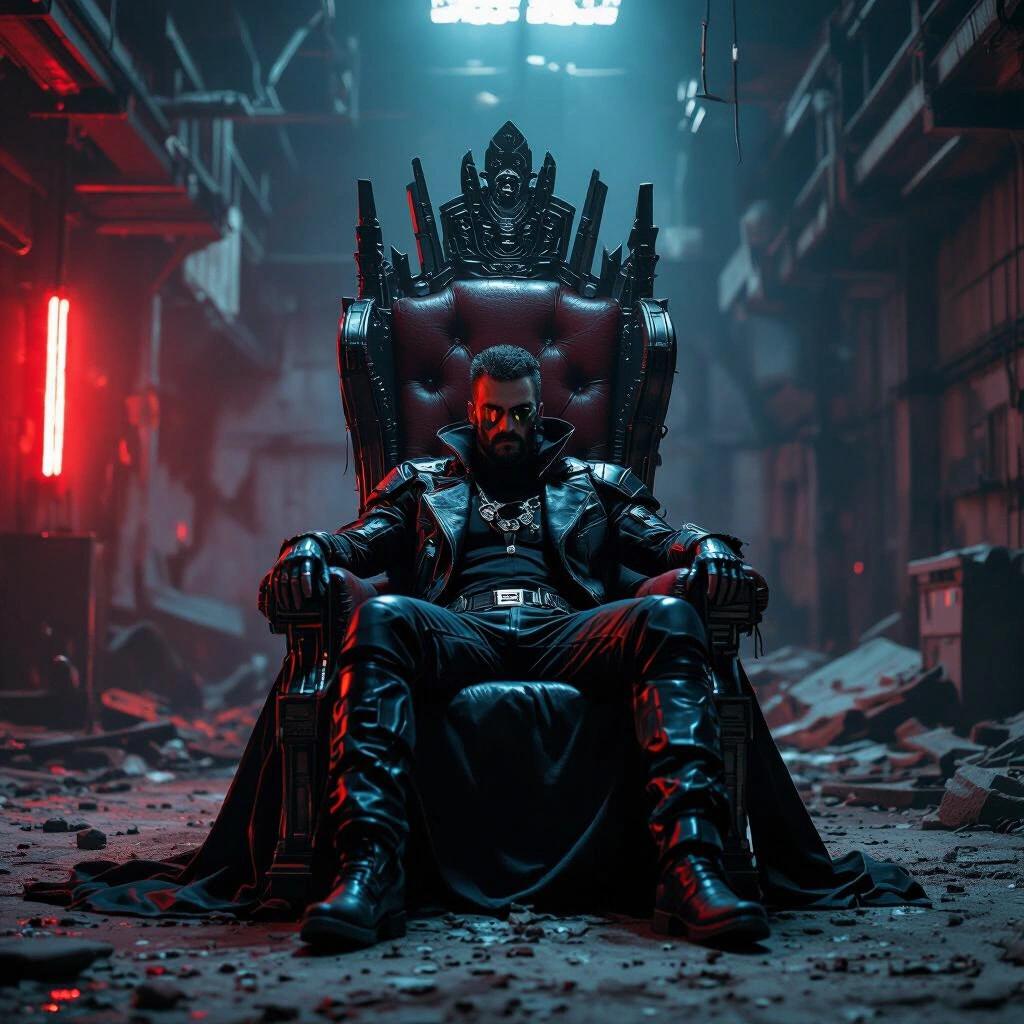 Portrait in a crumbling tech warehouse with impressive throne. Dark figure lounging in leather cyberpunk clothing. Ambient red and blue lighting enhances the atmosphere.