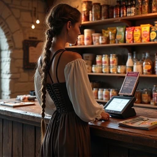 Depicts a medieval female shopkeeper in a corset dress and apron. Shopkeeper has long braided hair and stands near a modern electronic checkout counter in a fantasy-style convenience store. Store features stone walls, wooden shelves stocked with products like bottled drinks, chips, and magazines. Environment has candle and magical orb lighting creating an enchanted atmosphere. Focus is on the detailed presentation of products and shopkeeper.