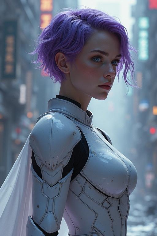 A powerful female character in high-tech armor with glowing blue eyes and short purple-pink hair. She exudes confidence and strength. The background features a futuristic cityscape with neon lights. Character is wearing a plain white dress and is barefoot. Light atmosphere.