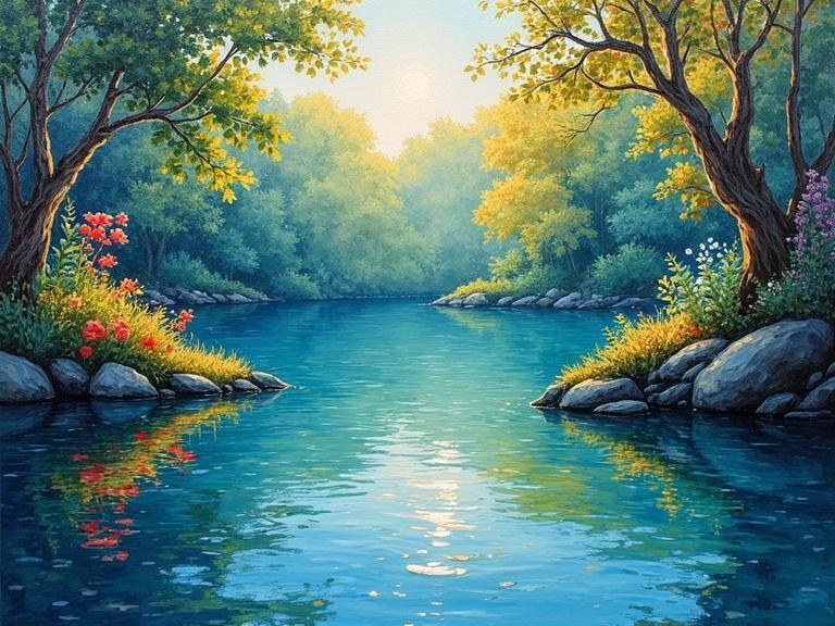 Neo-impressionism expressionist style oil painting of a serene oval lagoon. Tranquil waters reflect lush foliage. Thick, colorful impasto layers with smooth brushstrokes.