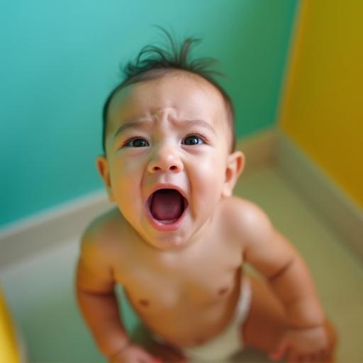 Ultra wide angle overhead close-up of a baby looking up. Baby is crying. Baby is wearing a diaper. Setting is a turquoise and yellow room.