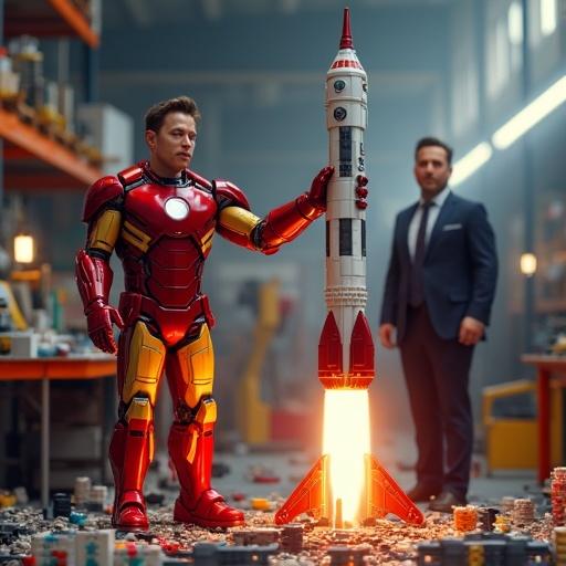 A humorous and cinematic collage of a man resembling Elon Musk. First scene features him in an Iron Man suit building a Lego rocket in a tech workshop filled with tools and vibrant lighting. Second scene shows him in a formal suit in a clean industrial area. Art style is consistent with high detail, sharp focus, and a humorous realistic tone.