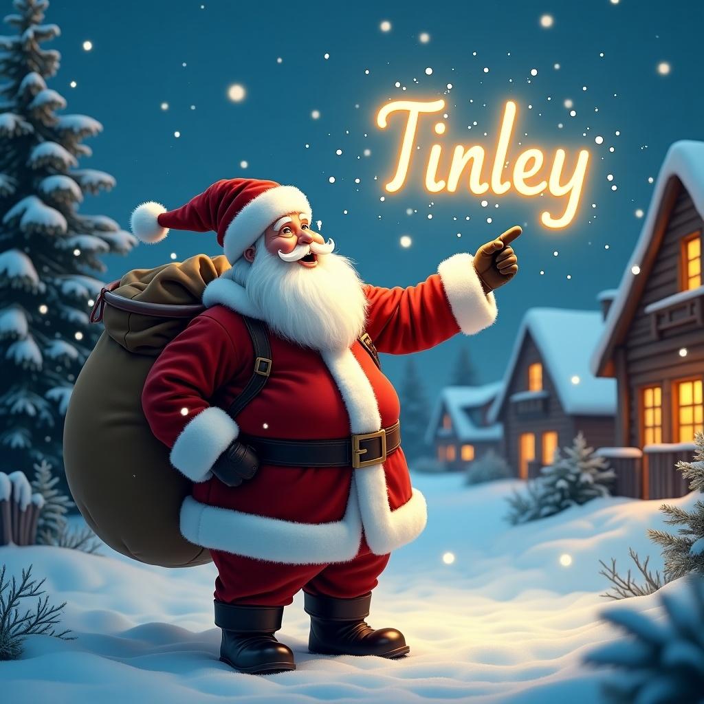 In this enchanting winter scene, Santa Claus is dressed in his iconic red suit, complete with a fluffy white beard and a large sack over his shoulder. He's standing in a snowy village, pointing up at the sky where he is magically writing the name 'Tinley' with glowing light. Snowflakes gently fall around him, and charming wooden houses with warm lights can be seen in the background, surrounded by evergreen trees. The overall atmosphere is festive and joyful, capturing the spirit of Christmas. This image embodies the wonder of the holiday season, inviting feelings of happiness and nostalgia.