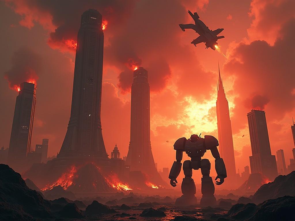 The image depicts a futuristic city undergoing a catastrophic event. Towering skyscrapers are engulfed in flames, with dark smoke billowing into a red, apocalyptic sky. Explosions can be seen in several buildings, and debris is scattered throughout the scene. A large, menacing robot stands in the foreground, seemingly involved in the chaos. In the sky, futuristic aircraft are firing beams of light, adding to the destruction below.