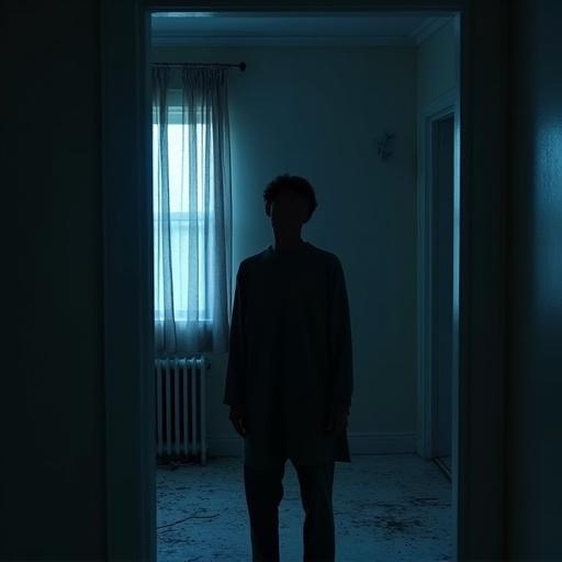 Album cover art reflecting insomnia. Dark room with a faceless person standing. Soft lighting highlights the figure. Unfinished work visible in the background. Themes of isolation and restlessness.