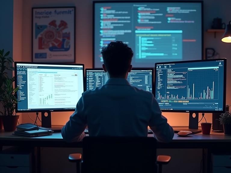 Person studies alone at desk with multiple screens showing tutorials and dashboards.